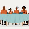 Illustration of three generations of Black family eating at table together