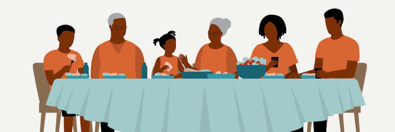 Illustration of three generations of Black family eating at table together