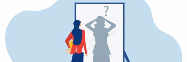Woman looking at confused shadow. Illustration.