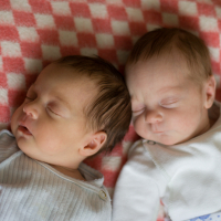 Newborn twins sleeping serenely.