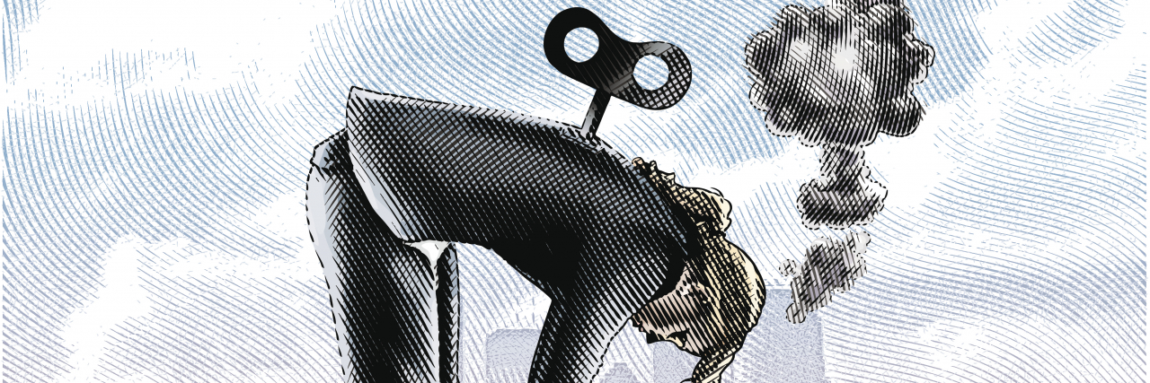 The Dangers of 'Pushing Through' Chronic Illness Symptoms Engraving style illustration of a wind-up toy as a metaphor for an exhausted woman.