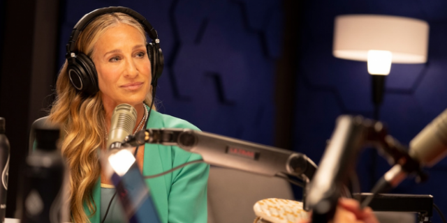 How I Identified With the Portrayal of Perfectionism in 'And Just Like That…' Episode 10  Carrie from "And Just Like That" with headphones on in a recording studio for her podcast