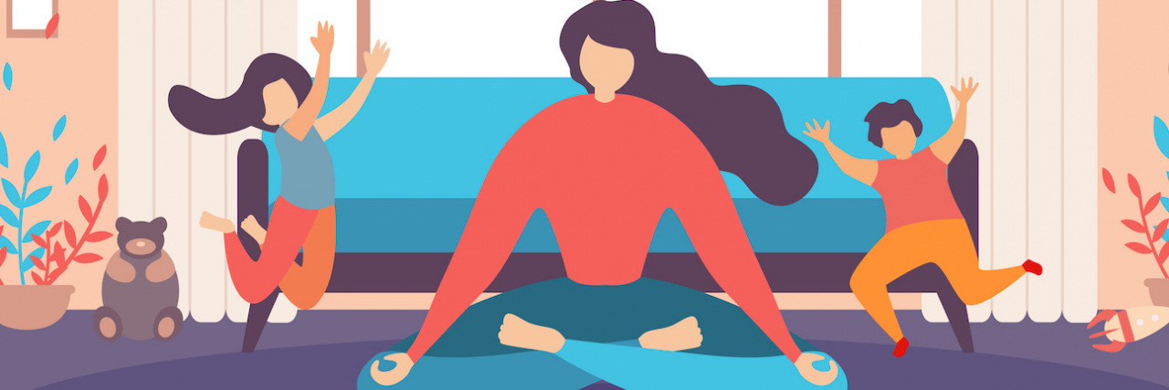 Mother meditating at home while children jump behind her (illustration)