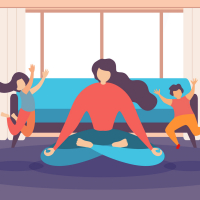 Mother meditating at home while children jump behind her (illustration)