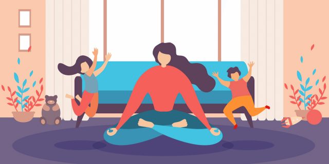 Mother meditating at home while children jump behind her (illustration)