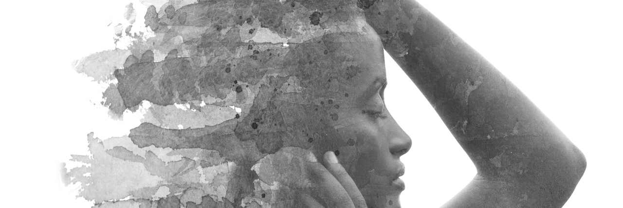 Hiding a Part of Yourself When You Have Mental Illness A paintography portrait of a Black woman with her eyes closed and her hand on her head, fading away into abstract painting