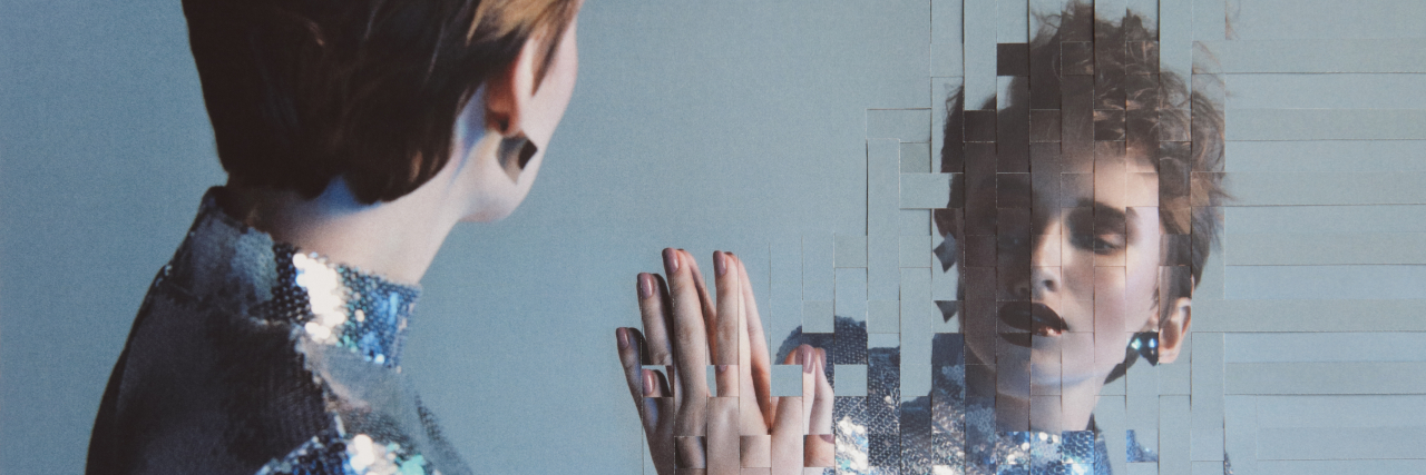 I Am an Imposter Posing as Neurotypical Woman with pixelated, distorted image in the mirror.