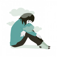 An illustration of a woman curled up in a ball with grey clouds over her head signifying grief.