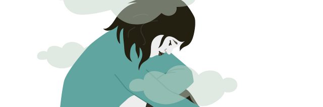 An illustration of a woman curled up in a ball with grey clouds over her head signifying grief.