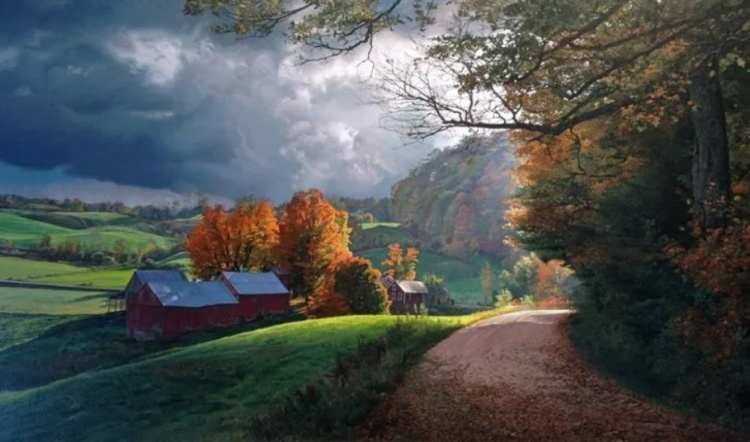 Landscape painting of barn, trees with orange leaves and bright sun coming from behind clouds 