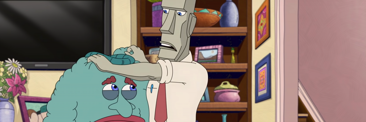 How 'Human Resources' Showed the Best Portrayal of Grief Yet A still from the Netflix show "Human Resources," where Pete the logic rock is holding up Keith from Grief. Keith is a blue sweater.