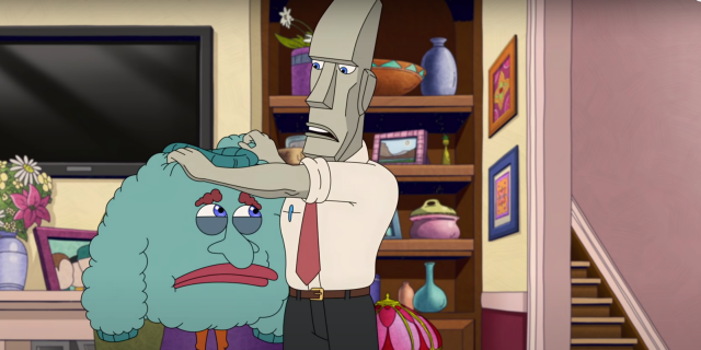 A still from the Netflix show "Human Resources," where Pete the logic rock is holding up Keith from Grief. Keith is a blue sweater.