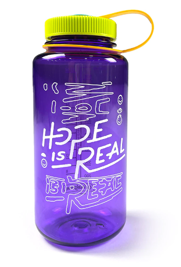 Purple water bottle with Hope Is Real written in white text. Combat dehydration headaches.