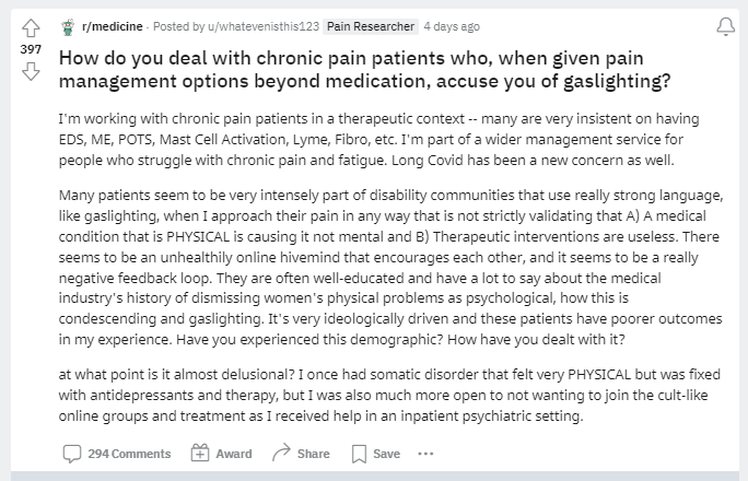 Conversation on the Medicine subreddit complaining about chronic pain patients.