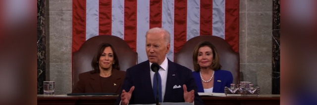 President Joe Biden at the 2022 State of the Union address, with Vice President Kamala Harris and House Speaker Nancy Pelosi