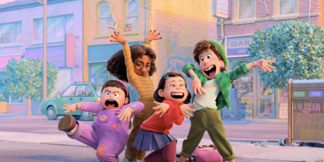 What Pixar's 'Turning Red' Got Right About the Struggle of Balancing Between Cultures Meilin from "Turning Red" film standing and making silly poses with her three friends