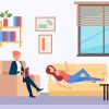 illustration of a classical therapy session with a person lying on a couch talking to a psychologist
