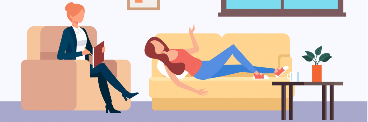 illustration of a classical therapy session with a person lying on a couch talking to a psychologist