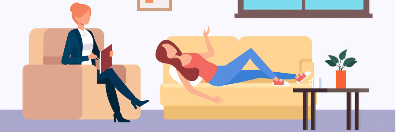 The Difference Between Behavioral Therapy and Psychoanalysis illustration of a classical therapy session with a person lying on a couch talking to a psychologist