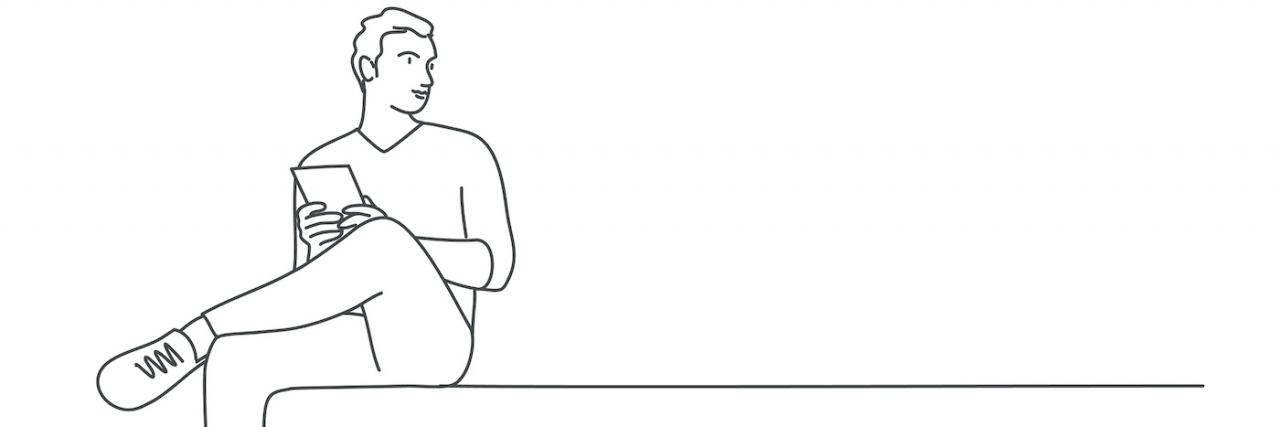 Line drawing of man sitting with a book