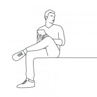 Line drawing of man sitting with a book
