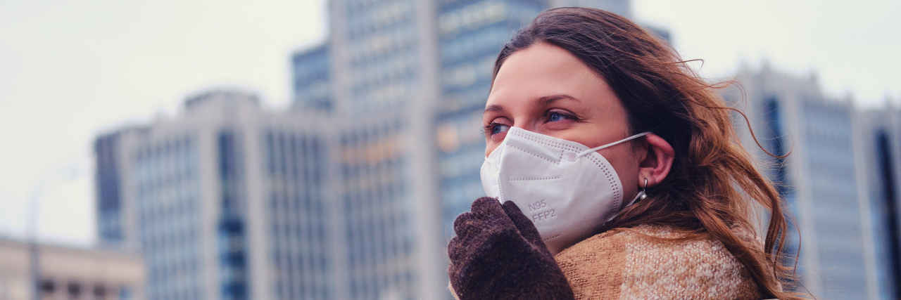 Protecting Myself From COVID-19 After a Bone Marrow Transplant Woman wearing FFP2 face mask.