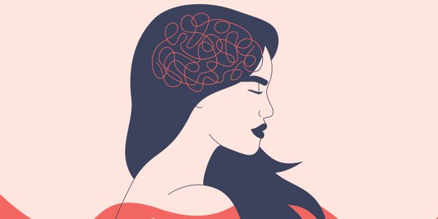 Depressed woman with flying hair stand in the choppy water. Lost girl feels frustrated and confused thinking. Concept of psychological problem, mental disease and brain illness. Vector illustration.