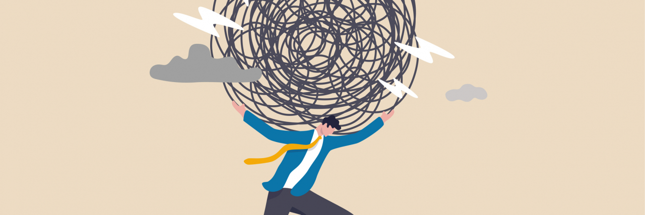 Oddly Specific Metaphors to Describe Living With Anxiety illustration of person in a suit carrying heavy black swirls and storm clouds