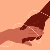 Two hands holding one another with a string around them both
