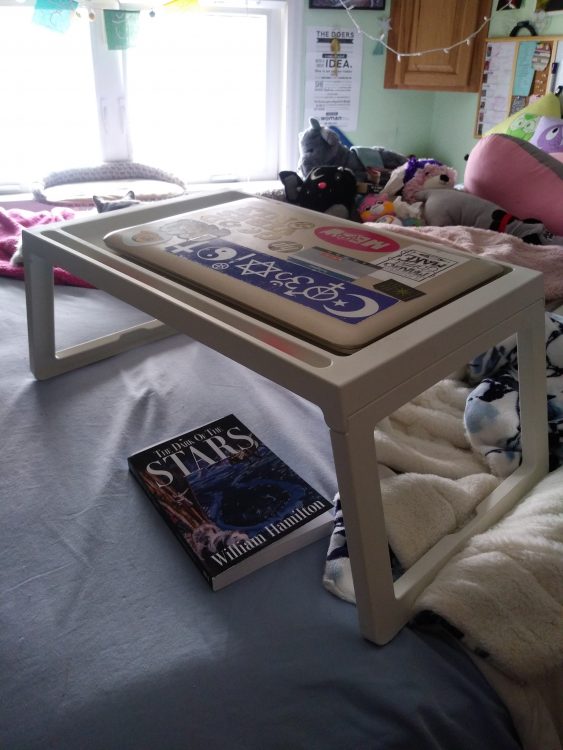 a lap desk with books on it and under it. There are stuffed animal in the far left corner.