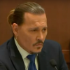 A dual image of Johnny Depp to the left and Amber Heard to the right, at their defamation hearing. Depp wears a suit and Heard is wearing all black.