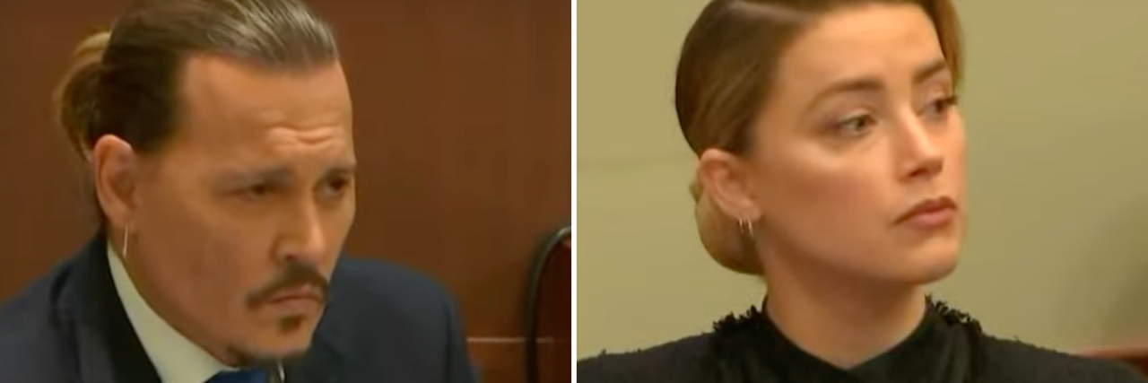 Why 'Mutual Abuse' Isn't Real, and How It Harms Abuse Victims A dual image of Johnny Depp to the left and Amber Heard to the right, at their defamation hearing. Depp wears a suit and Heard is wearing all black.