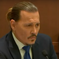 A dual image of Johnny Depp to the left and Amber Heard to the right, at their defamation hearing. Depp wears a suit and Heard is wearing all black.