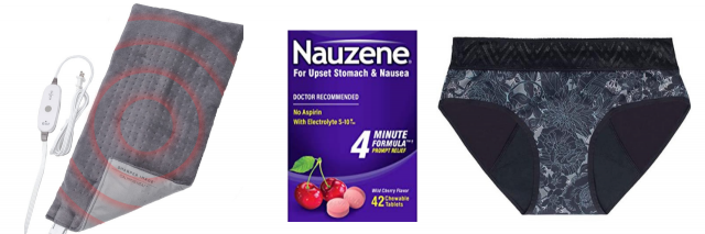 Endometriosis symptom relief products. Heating pad, anti-nausea pills, menstrual underwear.
