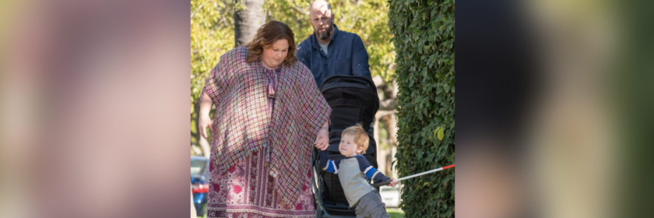 Jack Junior holding a cane with this parents, Kate and Toby, from "This Is Us"