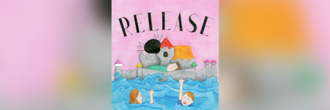 Releasing Trauma in Writing a NICU Fairytale Cover of "Release: A NICU Fairytale" book with drawing of baby in castle while parents are struggling to swim in sea below