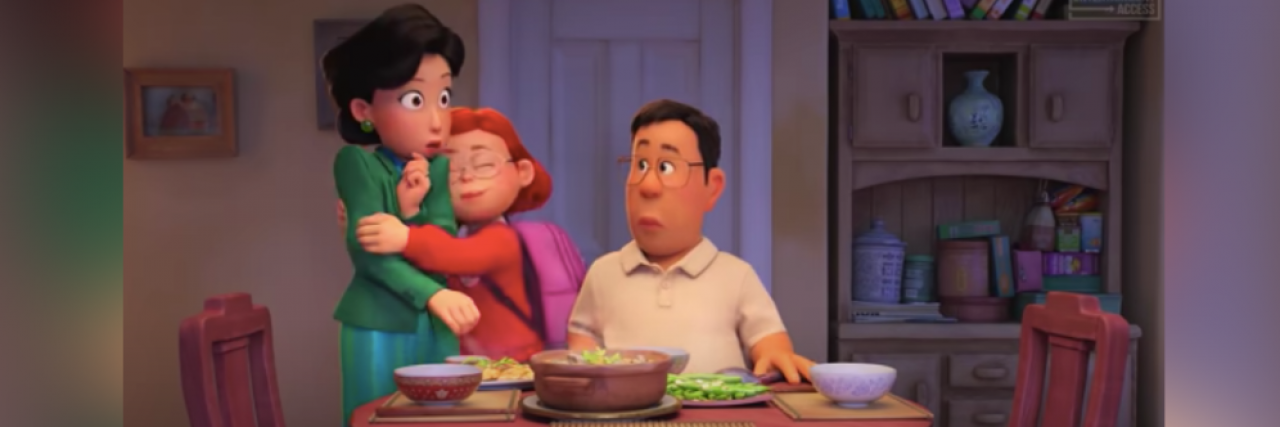 Mei from "Turning Red" film hugging her mother at dinner, while her father looks on
