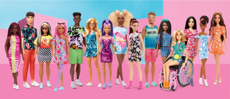 The 2022 Barbie Fashionista line, including dolls with a hearing aid, vitiligo, a prosthetic leg, and a wheelchair-user