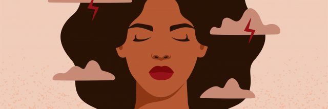 African American woman feels anxiety and emotional stress. Depressed black girl experiences mental health issues. Concept of psychological problem. Vector illustration.