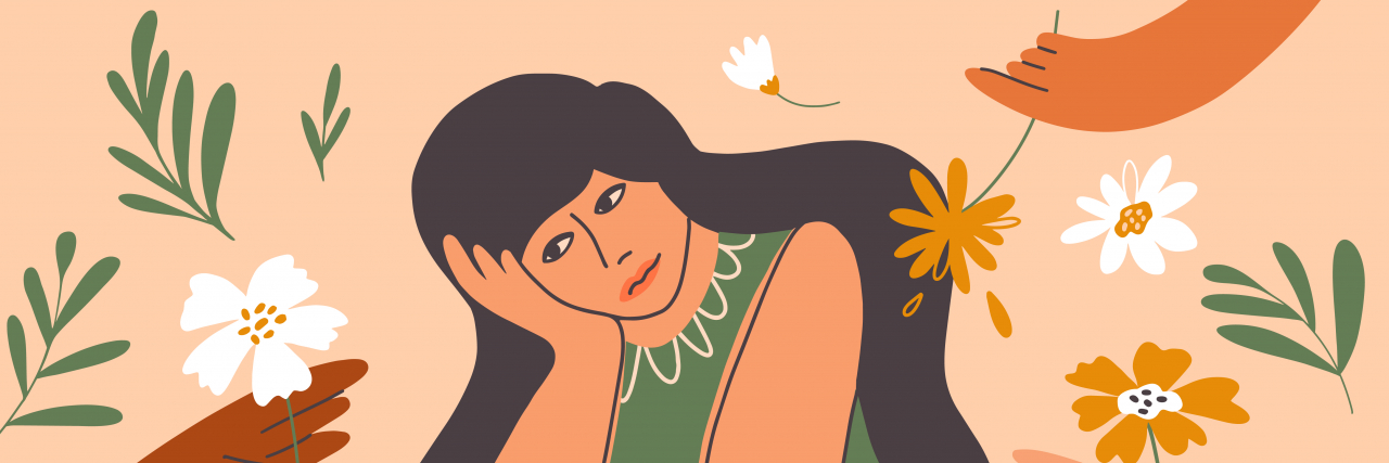 My Fibromyalgia Has Made Me as Suicidal as My Depression Drawing of sad woman with flowers around her.