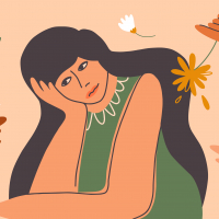 Drawing of sad woman with flowers around her.