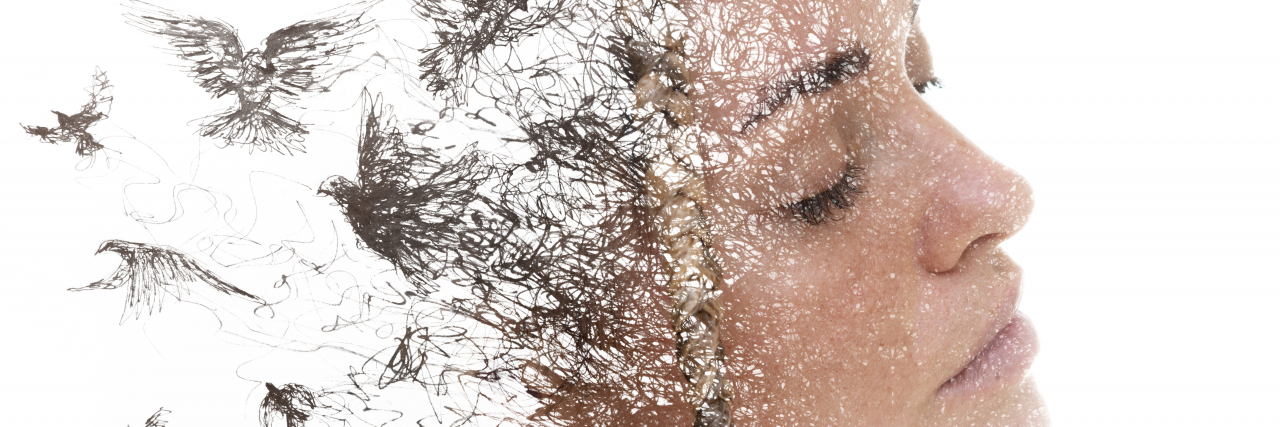 10 Ways Living With Fibromyalgia Can Affect Your Mental Health Portrait of a woman combined with a drawing of flying birds.