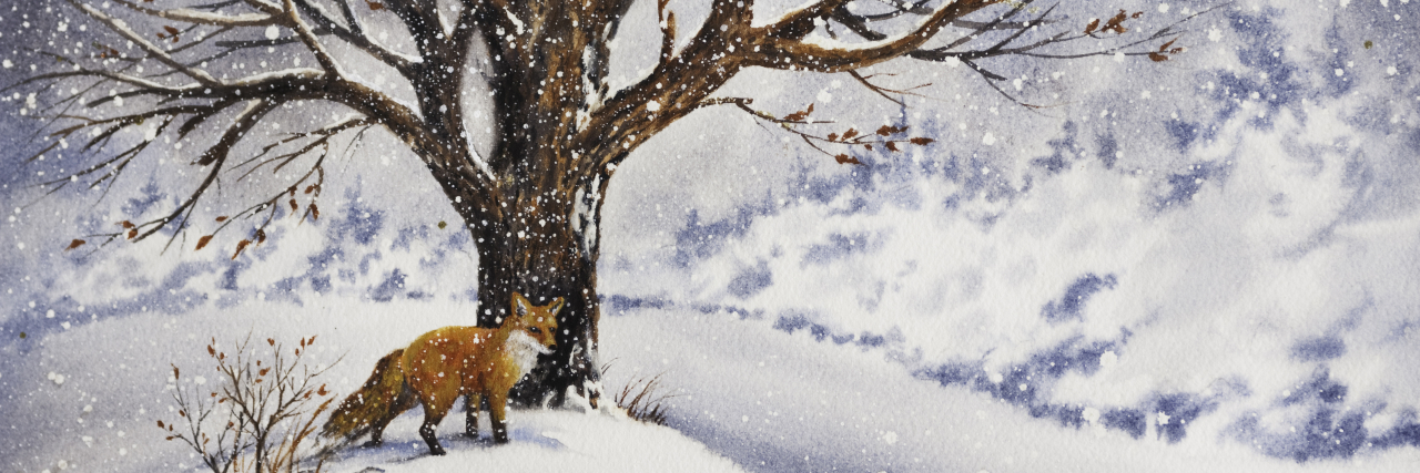 Watercolor of red fox in winter.