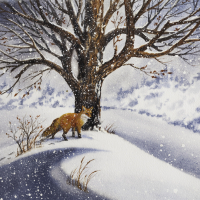 Watercolor of red fox in winter.