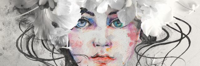 Watercolor of woman's face with flowers surrounding, not smiling