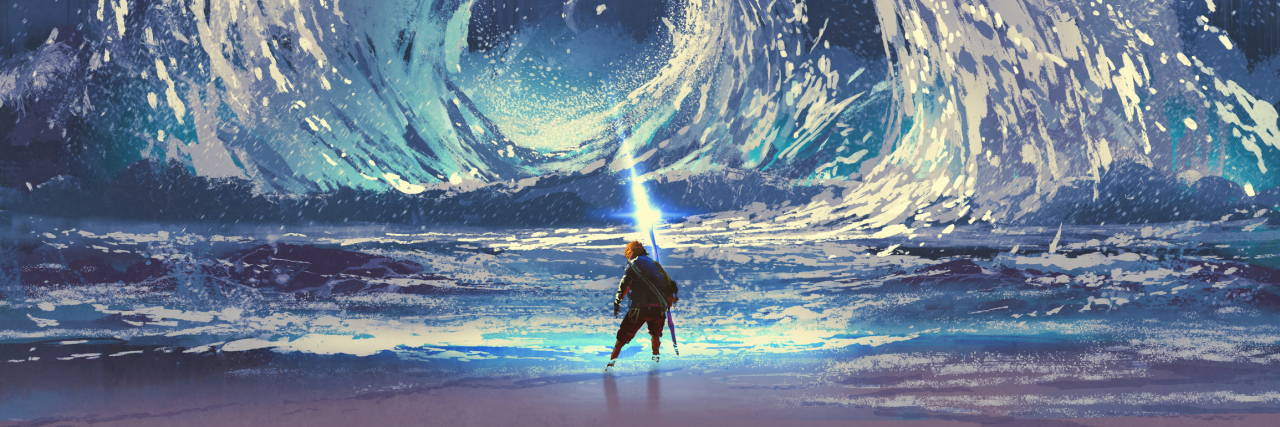 Radical Acceptance and the Tsunami of Grief illustration of a man standing in front of a swirling sea holding a magic spear