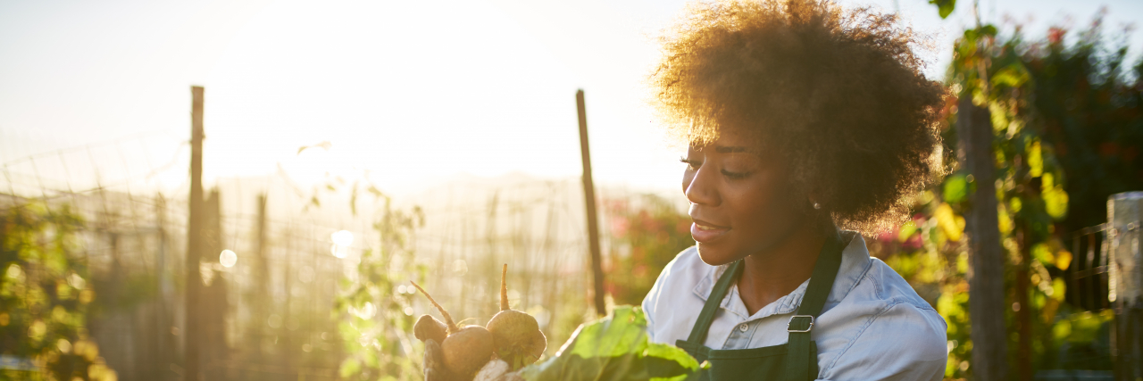 young african american millennial woman pulling golden beets from dirt in communal urban garden