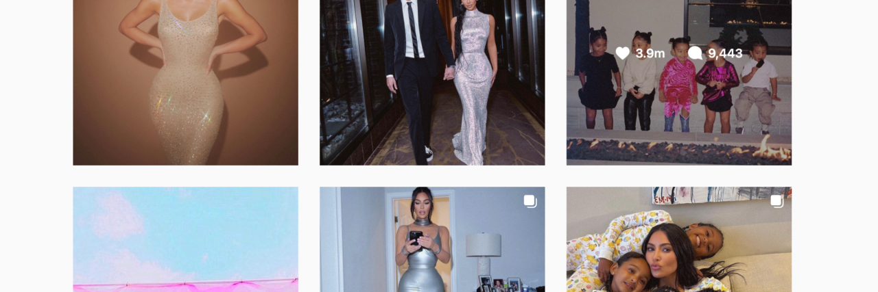 Kim Kardashian's Rapid Weight Loss for the Met Shouldn't Be Celebrated A screen shot of Kim Kardashian's Instagram with two rows of three photos of her at the Met Gala, White House, two photos of her kids, a weird pink blue sunset that looks photoshopped, and her in a silver dress.