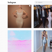 A screen shot of Kim Kardashian's Instagram with two rows of three photos of her at the Met Gala, White House, two photos of her kids, a weird pink blue sunset that looks photoshopped, and her in a silver dress.