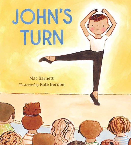 Cover of "John's Turn" book showing boy doing ballet on state